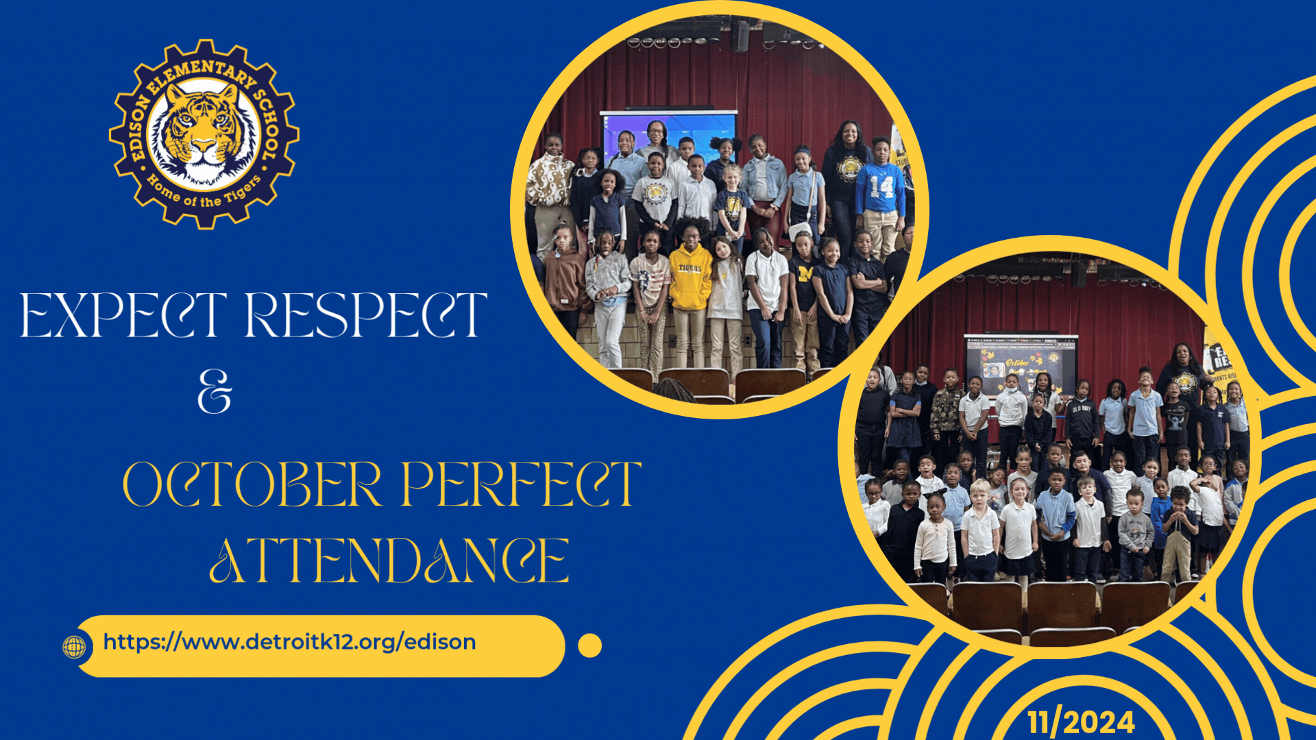  decorative page with two photos of a large group of students standing on a stage with three adults